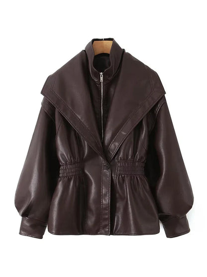 Ailegogo New Spring Autumn Women Vintage Loose Elastic Waist Zipper Black Faux Leather Jacket Outwear