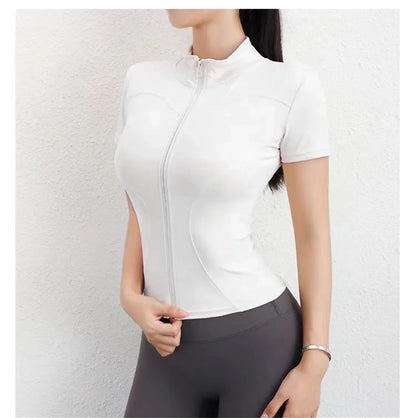 Summer Solid Zipper Slimming Coat Women Short Sleeve Stand Collar Cycling Running Tops Female Gym Sports Workout Clothes Street