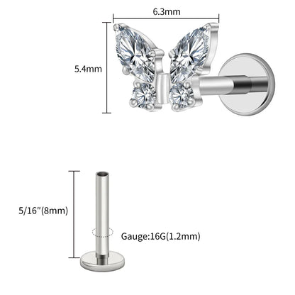 Right Grand ASTM F136 Titanium 16G Mini Butterfly CZ Labret Tragus Cartilage Conch Forward Helix Stud Nose Piercing Body Jewelry