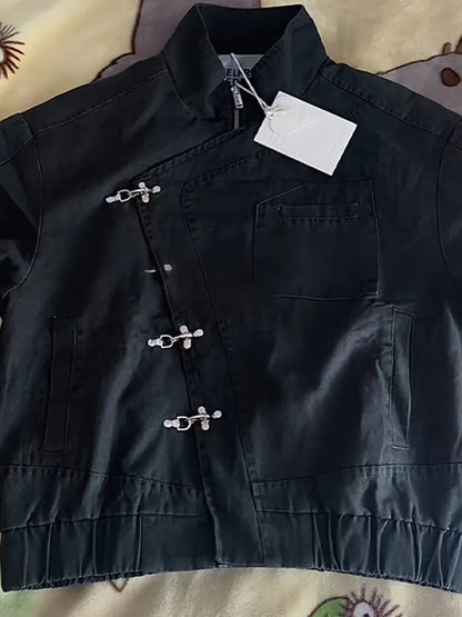 2026 Single Breasted Buckle Zipper Design Versatile Jacket Lady Trendy Elegant Tops Spring Loose Casual Stand Collar Street Coat