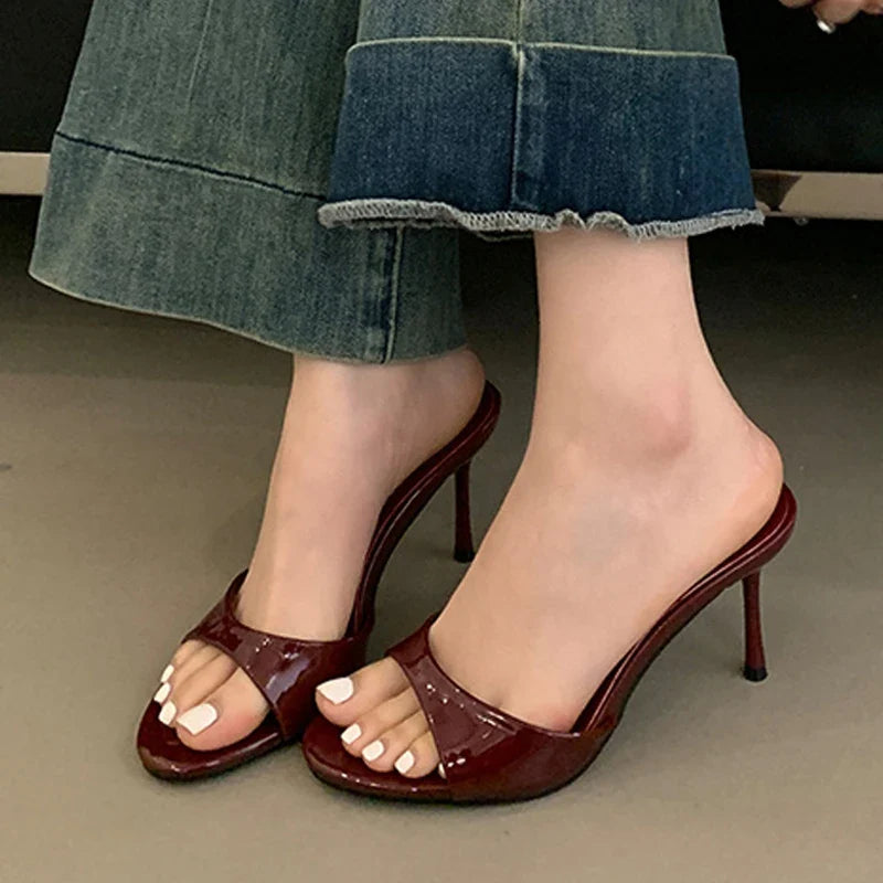 Liyke Wine Red Patent Leather Women Slippers Sandals Fashion Round Open Toe Thin High Heels Mules Slides Summer Party Dress Shoe