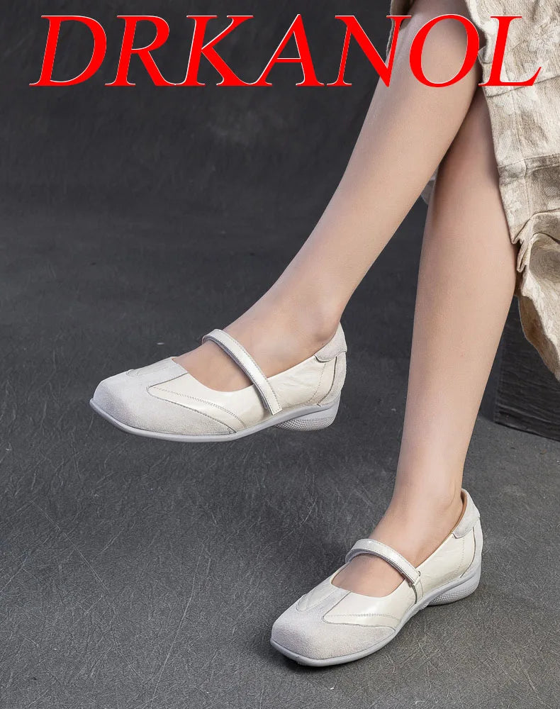DRKANOL 2026 Women Genuine Leather Flat Shoes Summer Shallow Sheepskin Hook And Loop Casual Loafers Ladies Low Heel Single Shoes