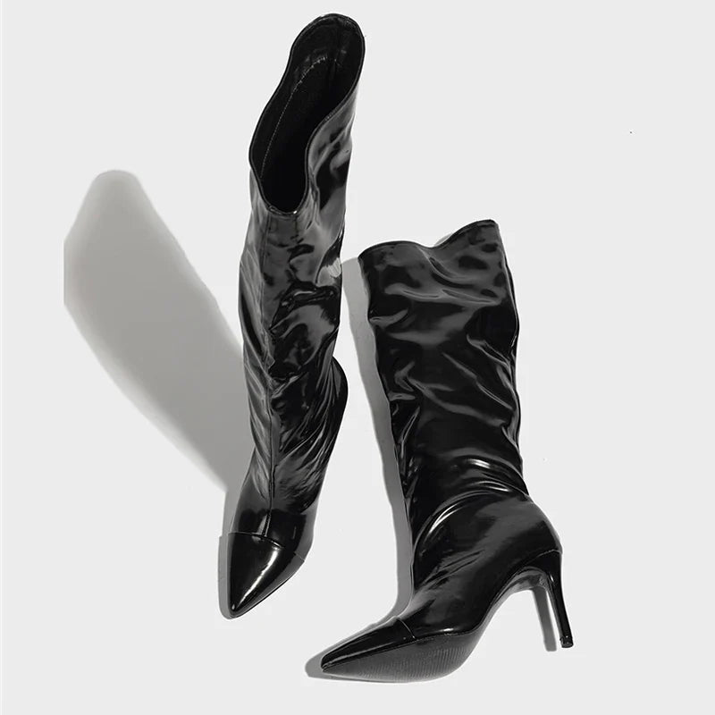 Liyke Fashion Runway Pleated Patent Leather Boots Female Pointed Toe Stiletto Heels Pumps Autumn Winter Knee High Shoes Women