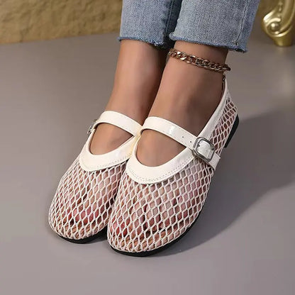 Women's Mary Jane Flats 2026 New Hollow Out Mesh Breathable Fishnet Ankle Strap Casual Summer Sandals