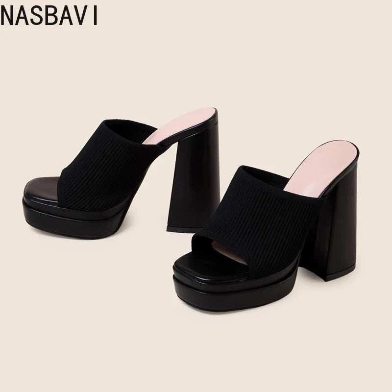 NASBAVI Cosy Stretch Fabric Knitted Chunky High Heels Women Slipper Fashion Platform Open Toe Wedding Party Ladies Shoes
