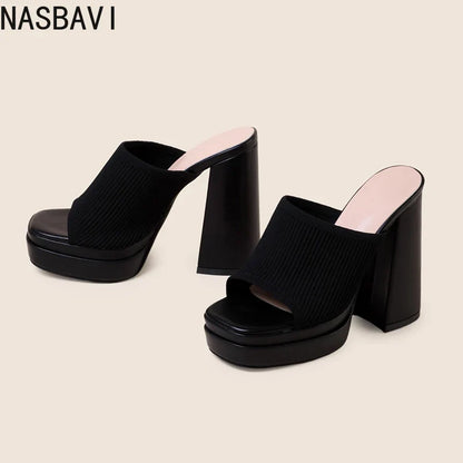 NASBAVI Cosy Stretch Fabric Knitted Chunky High Heels Women Slipper Fashion Platform Open Toe Wedding Party Ladies Shoes