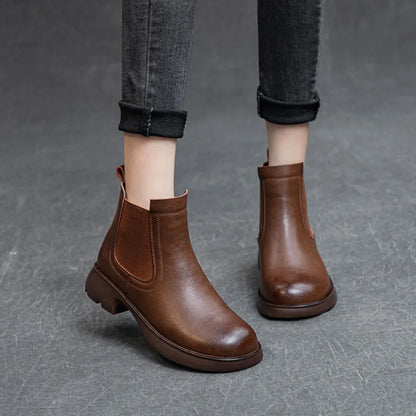 DRKANOL Fashion Women Thick Heel Ankle Boots Autumn Winter Warm Shoes Round Toe Real Cowhide British Style Slip On Chimney Boots
