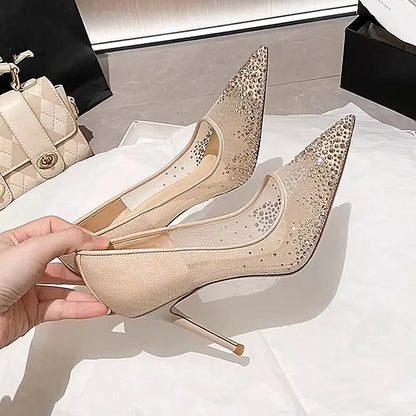 Women's high heels and single shoes for spring and summer  new mesh diamond fashion banquet pointed women's shallow mouth shoes