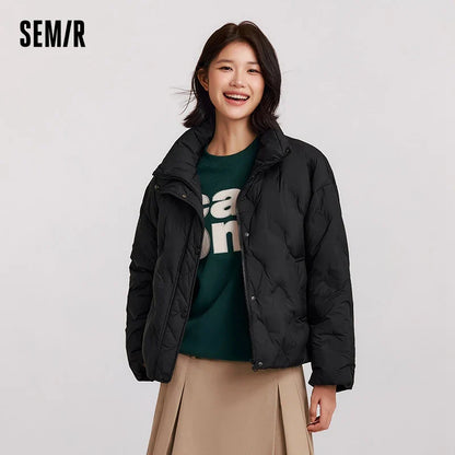 Semir Down Jacket Women Thin Houndstooth Loose 2024 New Winter Waterproof Windproof Stand-Up Collar Wear Down Jacket