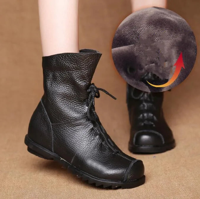 Genuine Leather Plush women's short Boots Retro Casual Autumn Winter Women Boots Waterproof warm Snow boots Plus Size 42