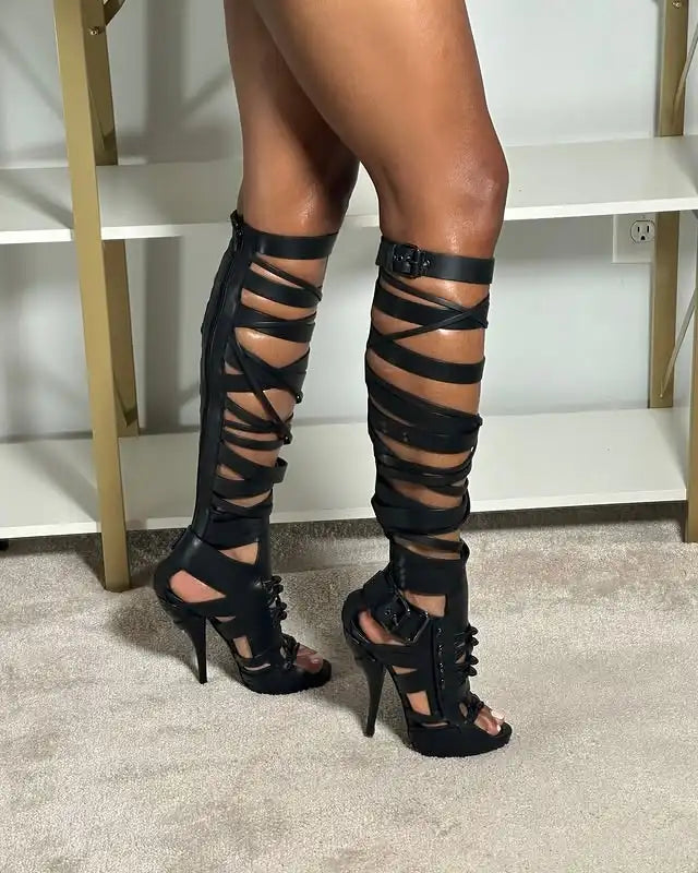 2026 Women Sandals Knee High Boots Cross Strap Hollow Fashion Elegant Sexy Women Shoes Newest Round Toe Thin Heels 4