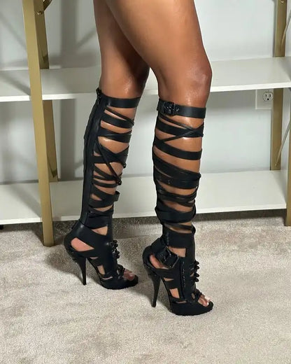 2026 Women Sandals Knee High Boots Cross Strap Hollow Fashion Elegant Sexy Women Shoes Newest Round Toe Thin Heels 4