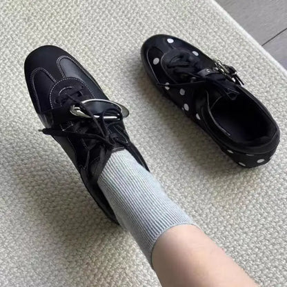 Korean Style Black Polka Dot Sneakers Women Spring 2026 Luxury Metal Decoration Designer Vulcanize Shoes Woman's Sports Shoes