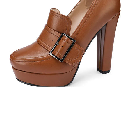 Round Toe High Heel Belt Buckle Women Single Shoes 2024 New Black Brown Spring  Autumn Waterproof Platform High Heels Size 34-43