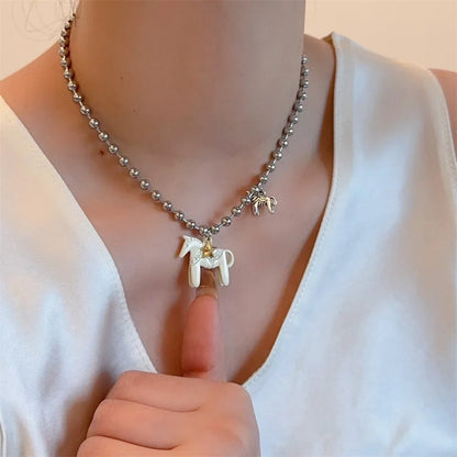 LATS White Black Green Blue Pink Color Enamel Colt Horse Pendant Necklaces for Women Silver Plated Alloy Beads Chain Chokers