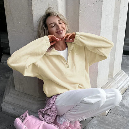 Women Autumn Winter Fleece Hoodies Elegant Stand Collar Zipper Loose Sweatshirt Elegant Solid Pullover Casual Top Streetwear