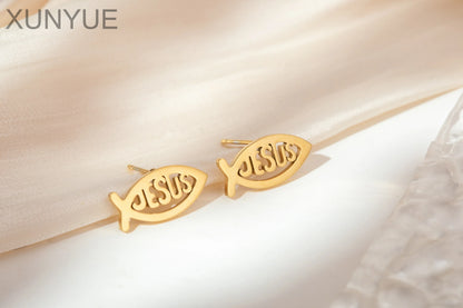 Vintage Stainless Steel Fish Shape JESUS Earrings Christian Symbol Jesus Ear Studs Fish Pendant For Unisex