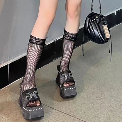 Punk Chunky Heels Mule Shoes Sandals For Women Rivet Platform Slide Sandals Open Toe 2026 Summer Trendy Shoes Street Women Shoes