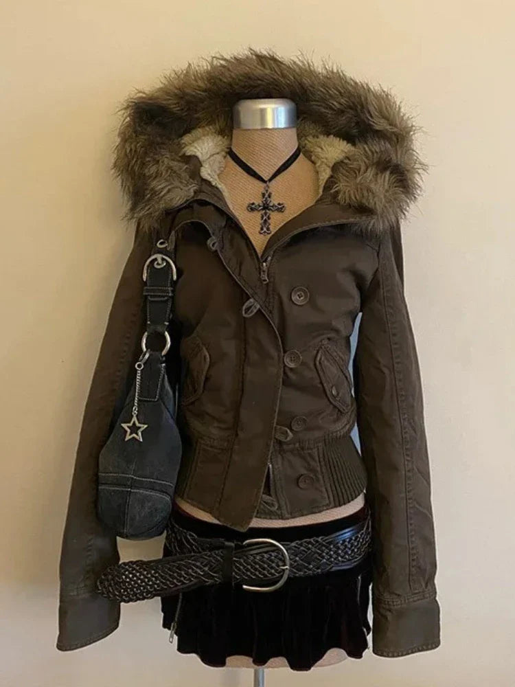 2026 Spring Retro Faux Fur Coats Women 2000s American Vintage Jackets Harajuku Gotihc Punk Clothing Jean Parkas Female Outwear
