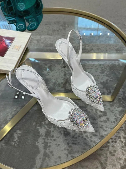White Wedding Shoes, Rhinestone Pointed Crystal Toe Sandals, New High-heeled Shoes, Sexy Single Shoes