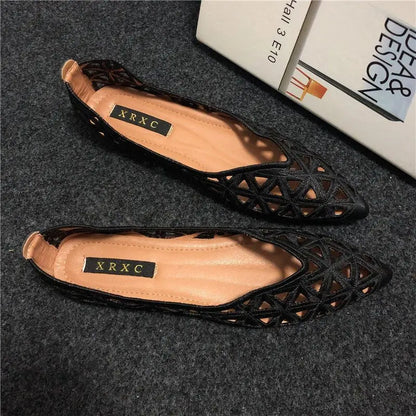 Flat Shoes Women 2026 Summer Pointy Joker Hollow Leisure Commuter Flat Spring Elegant Women's Shoes Breathable Hole Shoes