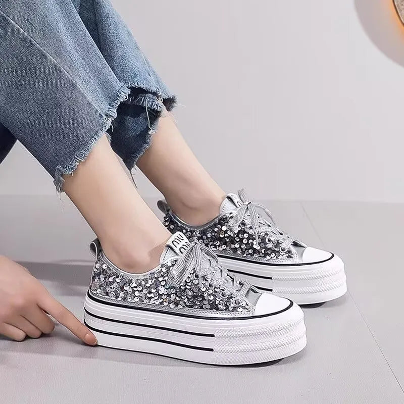 Woman Platform Sneakers Wedge Shoes Female Spring Autumn Sequins Bling Casual Shoes Ladies Thick-soled Canvas Shoes