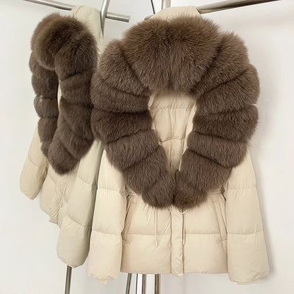 Reality Fur Jacket Real Fur Collar Duck Down Coat Female Winter Hooded Warm Fox Fur Coat Women Natural Raccoon Fur Puffer Jacket