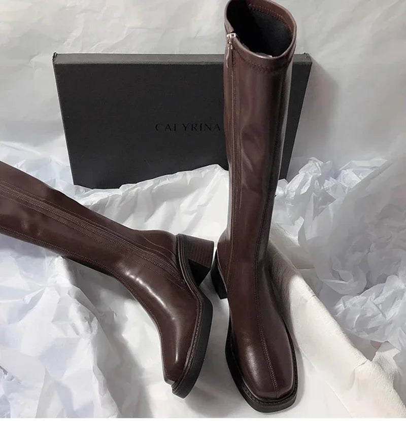 Vintage Thick Heel Women Knee High Boots Fashion Side Zippers Shoes Autumn Winter Ladies Concise Long Botas De Mujer