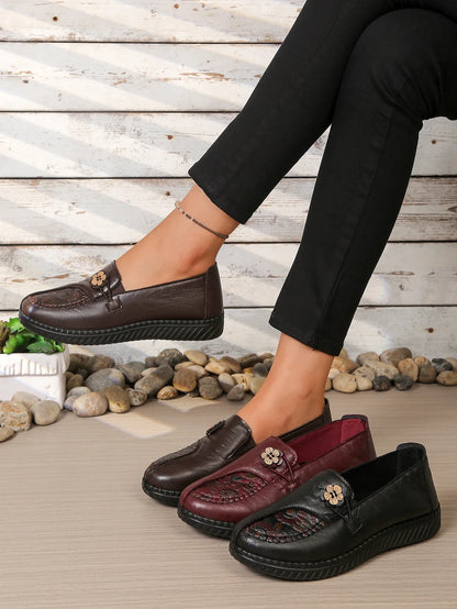 Women's Spring Autumn Leather Loafers Floral Embossed Slip‑On Flats Anti‑Slip Comfort Casual Mom Daily Walking Free Shipping