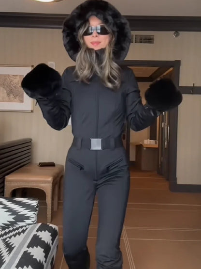 Camouflage Stripes Ski Wear Jumpsuit Sets High Collar Windproof Hooded Puff Jacket Warm Pant 2026 New Lady Snow Sportwears