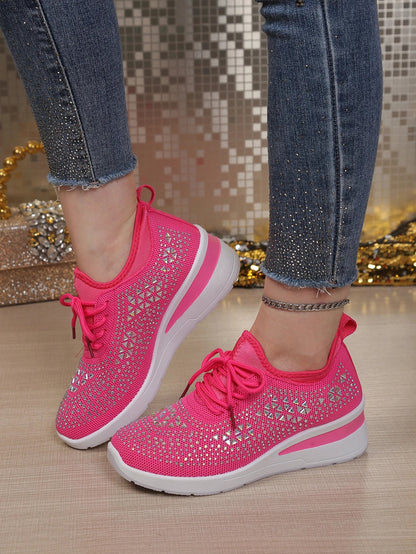 Women's Rhinestone Embellished Knit Mesh Wedge Sneakers, Adjustable Lace-Up Closure, Daily Walking Casual Footwear