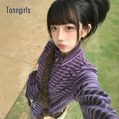 Tonngirls Y2k Japanese Sweatshirts Women Long Sleeve Striped Stand Collar Sweatshirt High Street Graphic Winter Coats E-girls