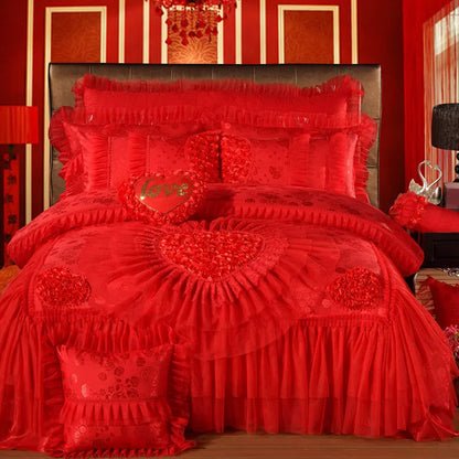 Luxury Wedding Bedding Sets Queen King Size Pink Princess Lace Bedcover Set Jacquard Duvet Cover Bed Sheet Pillowcases