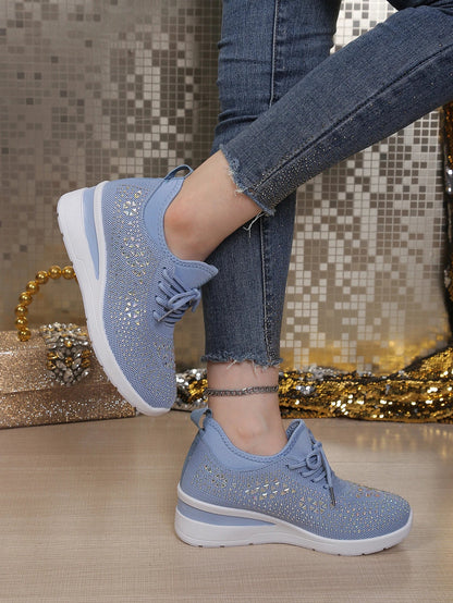 Women's Rhinestone Embellished Knit Mesh Wedge Sneakers, Adjustable Lace-Up Closure, Daily Walking Casual Footwear