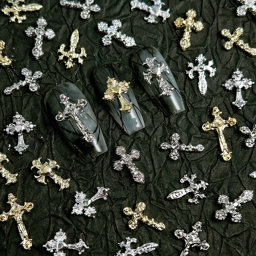 20PCS 3D Light Luxury Classic Cross Nail Charms Creative Exquisite Retro Alloy Cross Nail Art Decorations for DIY Cool Manicure