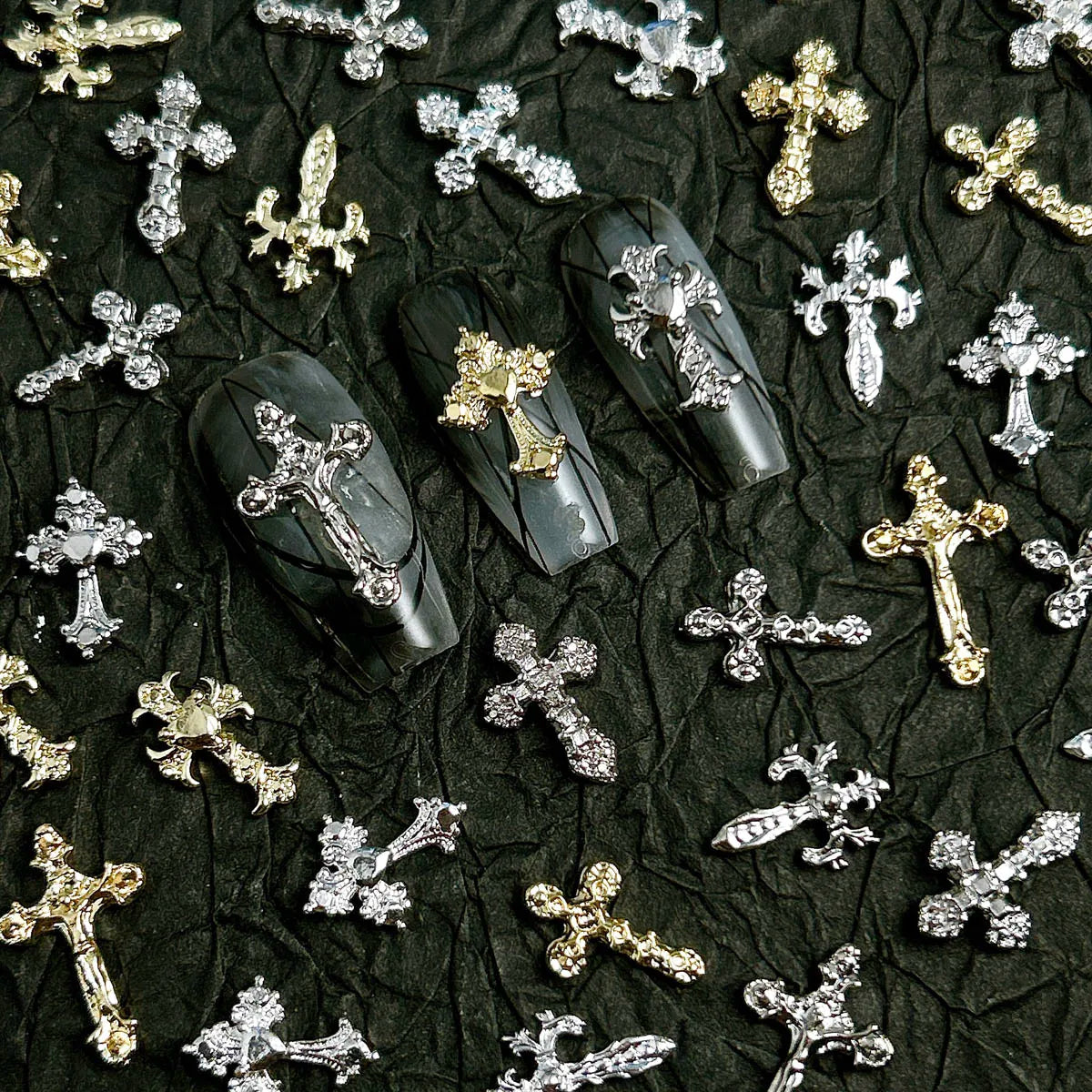 20PCS 3D Light Luxury Classic Cross Nail Charms Creative Exquisite Retro Alloy Cross Nail Art Decorations for DIY Cool Manicure