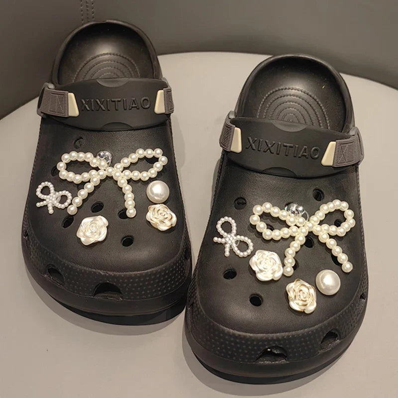 New Pearls Bowknot Shoes Charm Set 2026 Punk Heart Flowers DIY Shoe Accessories Ballet Style Silver Detachable Shoe Buckle Decor