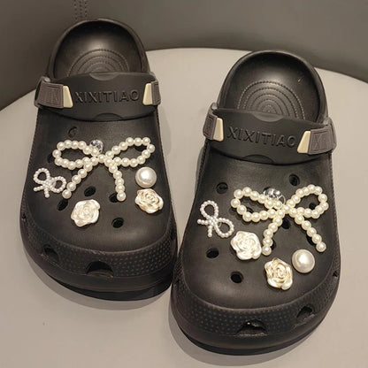 New Pearls Bowknot Shoes Charm Set 2026 Punk Heart Flowers DIY Shoe Accessories Ballet Style Silver Detachable Shoe Buckle Decor