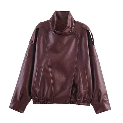2026 Autumn Women's Faux Leather Jacket Brown Black Long Sleeve Stand Collar Thick Loose Lady Coat Fashion Motorcycle Streetwear