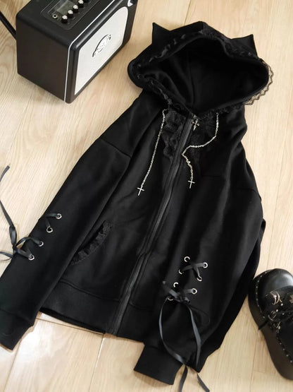 Japanese Sweet Coats Y2K Clothing Hoodie Women Tops Autumn and Winter Color Match Splicing with Thick Velvet Cardigan Jackets