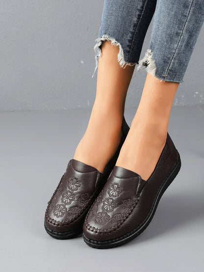 Women's Spring Autumn Leather Loafers Floral Embossed Slip‑On Flats Anti‑Slip Comfort Casual Mom Daily Walking Free Shipping