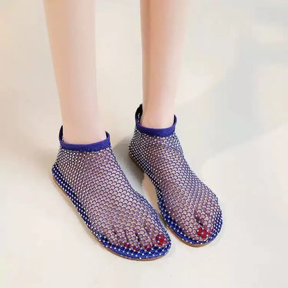 Luxury brand Women's New Round Toe Flat Bottom Slippers Hollow Short Boots Water Diamond Sexy Flat Bottom Banquet  Sandals