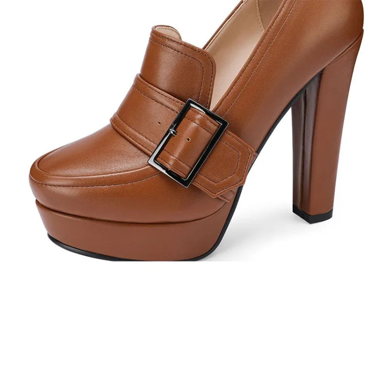 Round Toe High Heel Belt Buckle Women Single Shoes 2024 New Black Brown Spring  Autumn Waterproof Platform High Heels Size 34-43