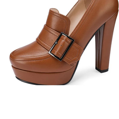 Round Toe High Heel Belt Buckle Women Single Shoes 2024 New Black Brown Spring  Autumn Waterproof Platform High Heels Size 34-43