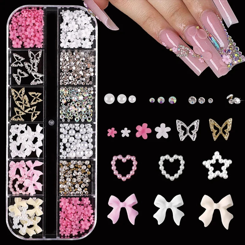 24-Piece 3D Y2K Millennial Nail Art Decoration Set, Assorted Rhinestones, Pearls, Butterfly, Heart & Flower DIY Nail Charms