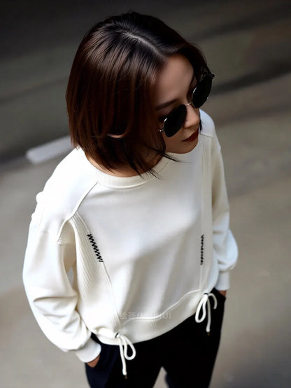 White Hoodie Women Long Sleeve Drawstring Casual Sweatshirts