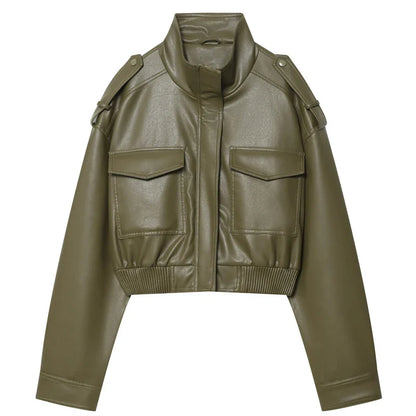 Women's Jacket Faux Leather Jacket Green Women's Demi-Season Jacket Outerwears Women's Autumn New In Coat Windbreaker Streetwear