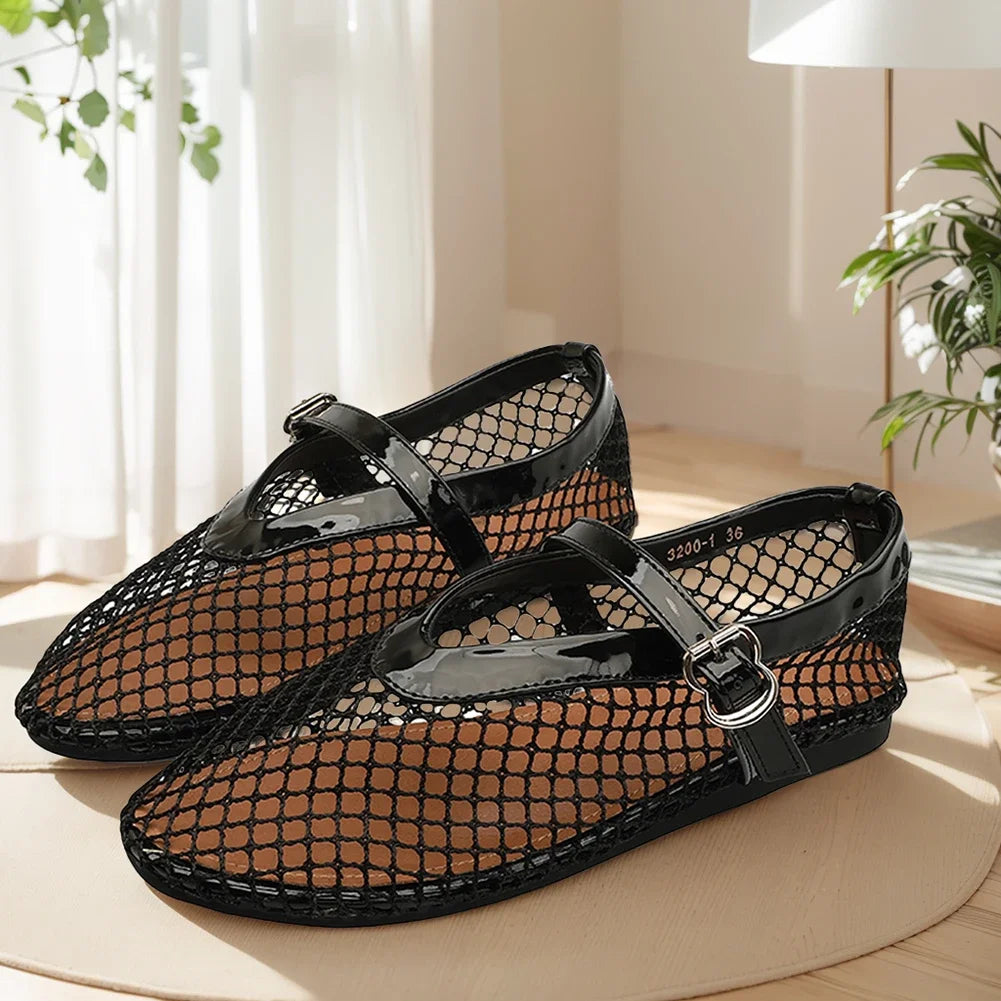 Women Mesh Ballet Flats Fishnet Ballerina Flats Comfortable Round Toe Ballet Shoes Breathable Casual Walking Shoes for Commuting