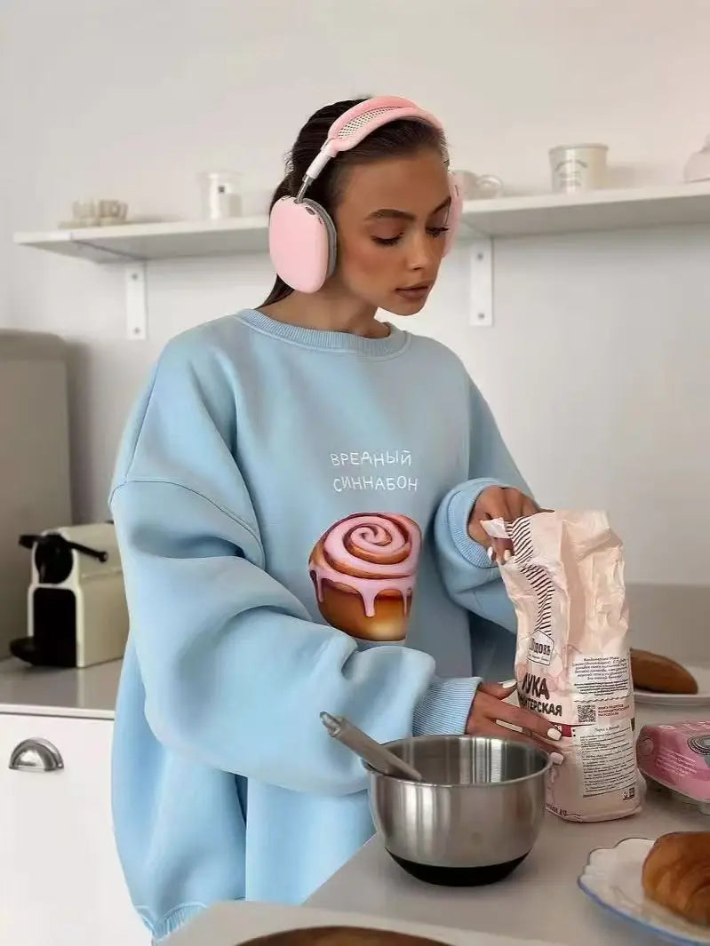 blue Cartoon pastries Russian letter print hip hop O Neck Oversize Sweatshirt Women Thin Spring 2025 Hoodies American Casual Top
