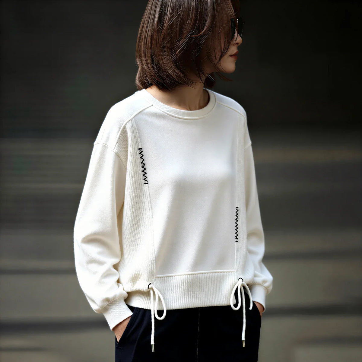 White Hoodie Women Long Sleeve Drawstring Casual Sweatshirts